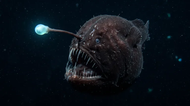 Anglerfish with glowing bioluminescent lure and sharp teeth swimming in dark deep-sea water