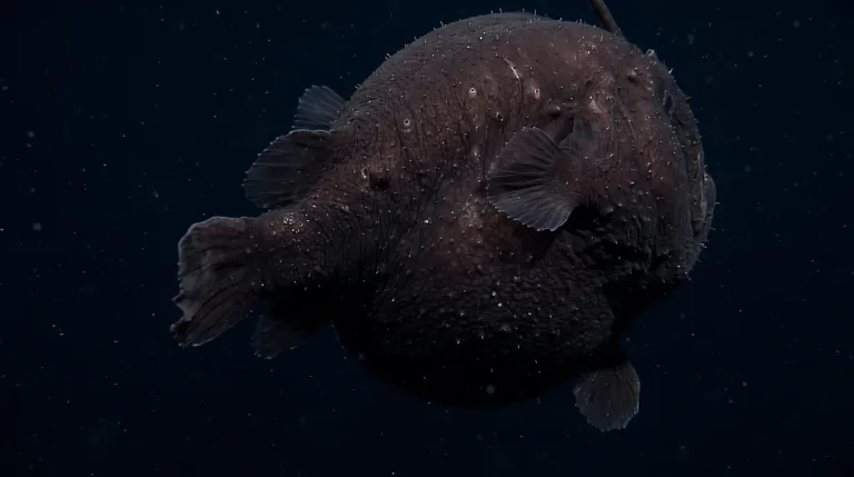 Deep-sea anglerfish with dark, bumpy, spherical body and fleshy fins drifting in dark ocean water