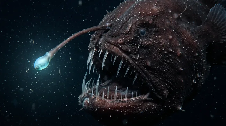 Anglerfish with glowing lure and needle-like teeth in dark deep-sea water
