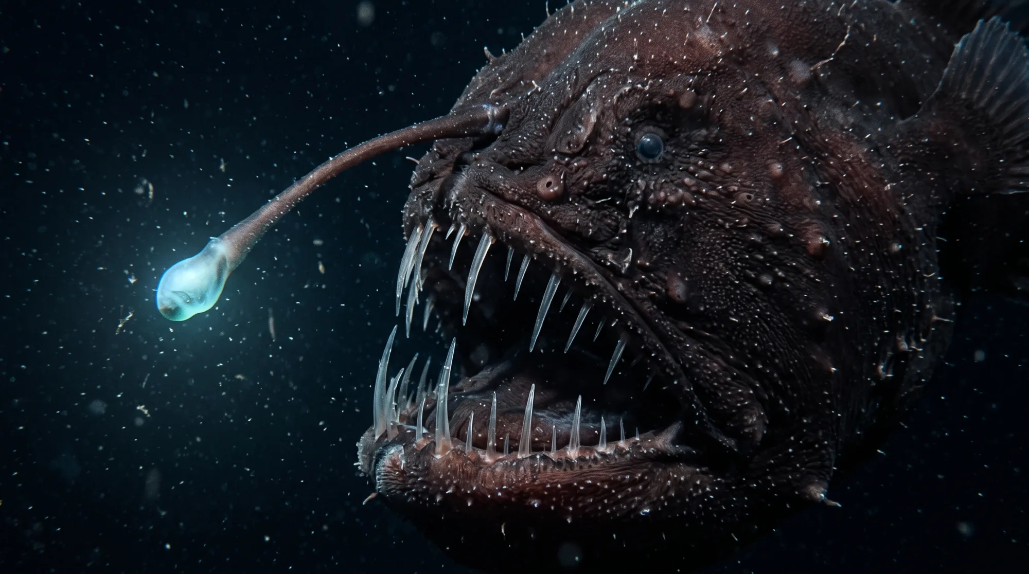 Anglerfish with glowing lure and needle-like teeth in dark deep-sea water