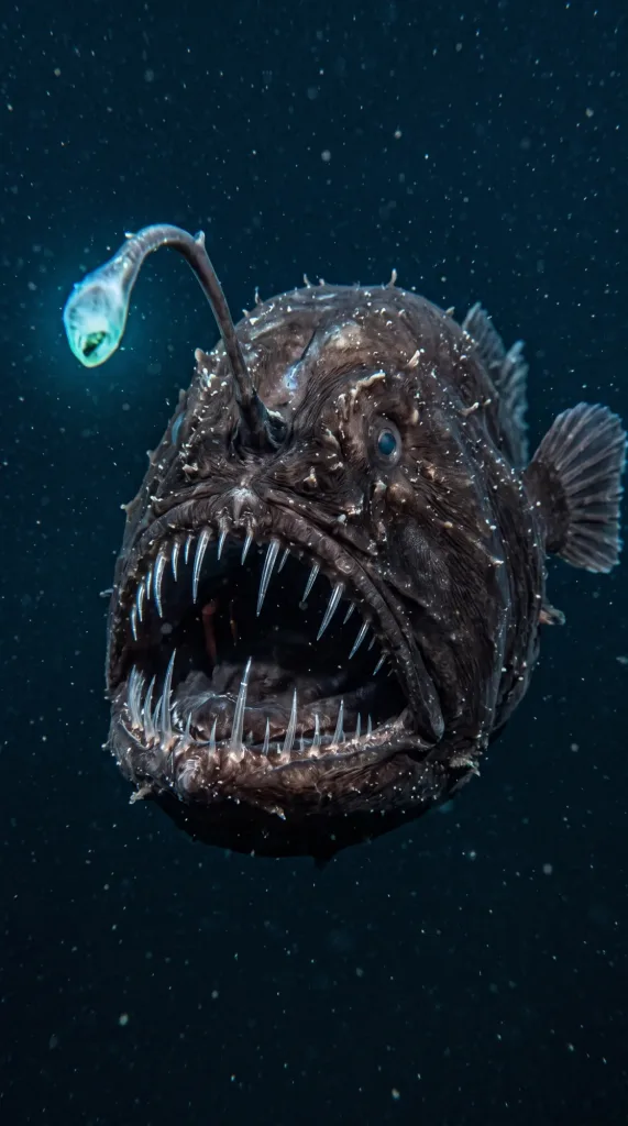 Black anglerfish with jagged teeth and a glowing lure in the deep sea
