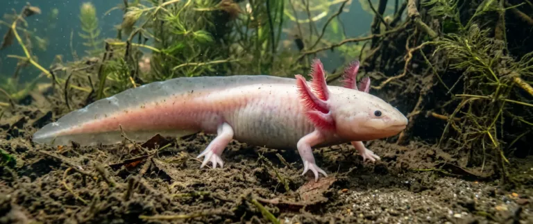 Axolote rosa leucístico com brânquias vermelhas plumosas andando no fundo lamacento de um lago entre plantas aquáticas e raízes.