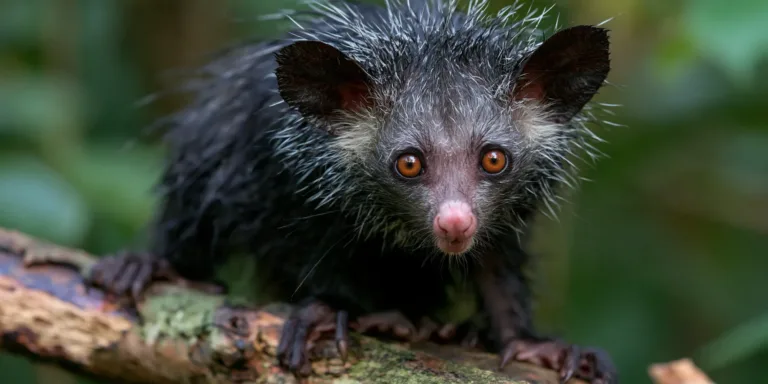 Aye-aye de pelo escuro e desgrenhado e olhos laranja encarando de um galho