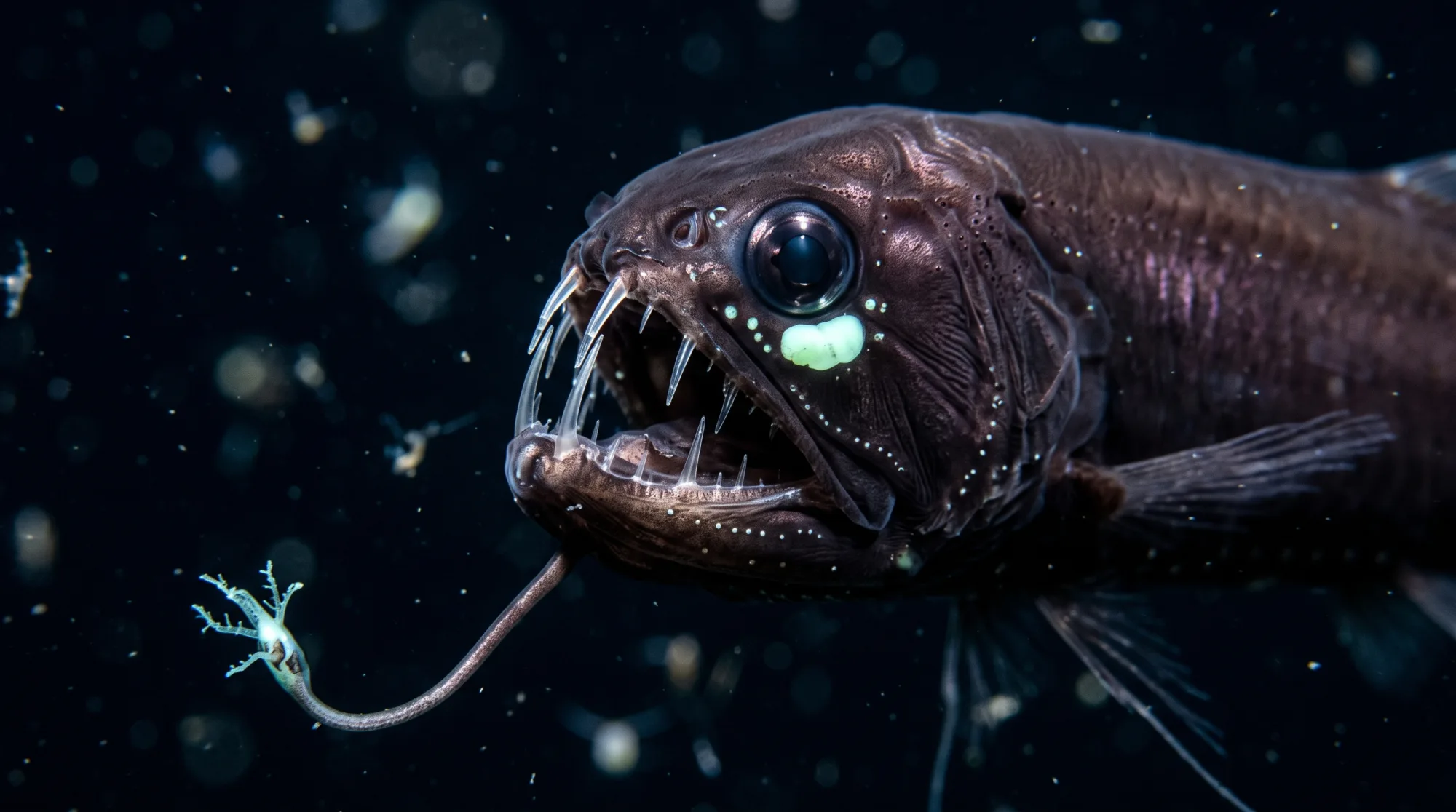 Barbled dragonfish with glassy fangs, a big eye and a glowing barbel in the dark