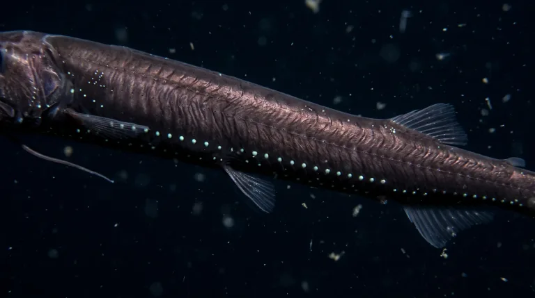 Barbeled dragonfish swimming in deep dark water, showing its elongated silvery-black body, rows of light-producing photophores and a long barbel under the chin.