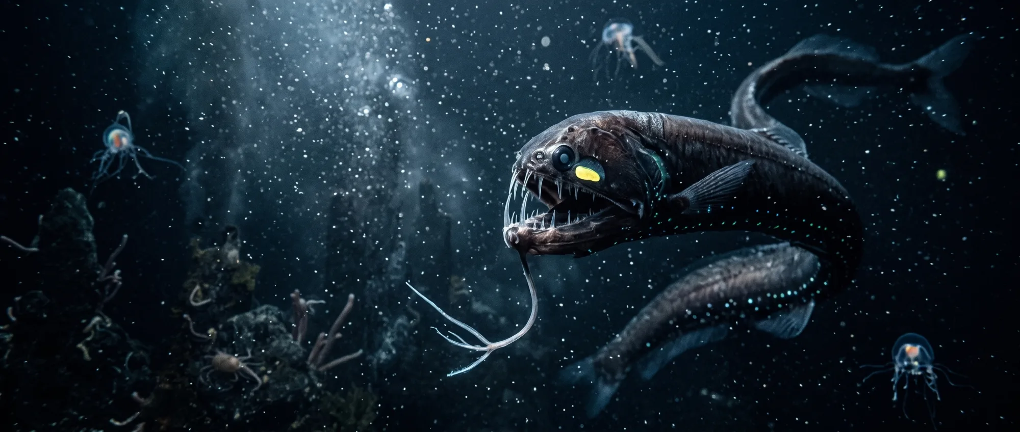 Two black barbled dragonfish with glowing lures in the deep sea