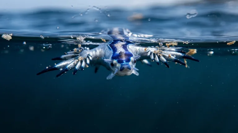 Dragão-azul prateado e azul com braços plumosos na superfície da água