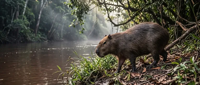 Capybara standing on a grassy riverbank at the edge of a misty forest