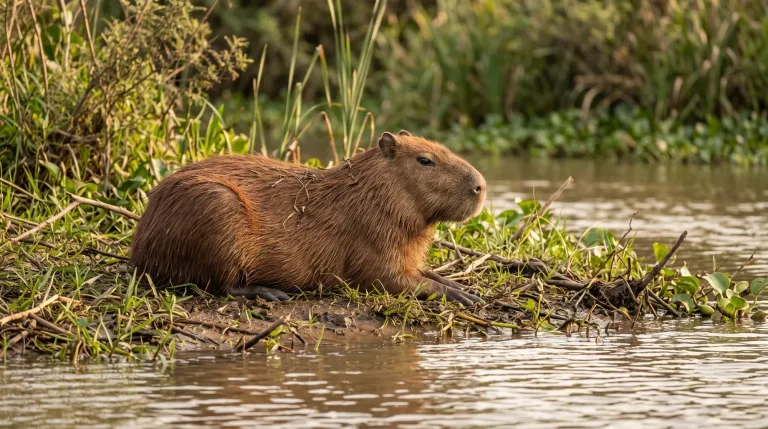 Capybara resting on a muddy riverbank among green reeds and grass, with calm water in the foreground.