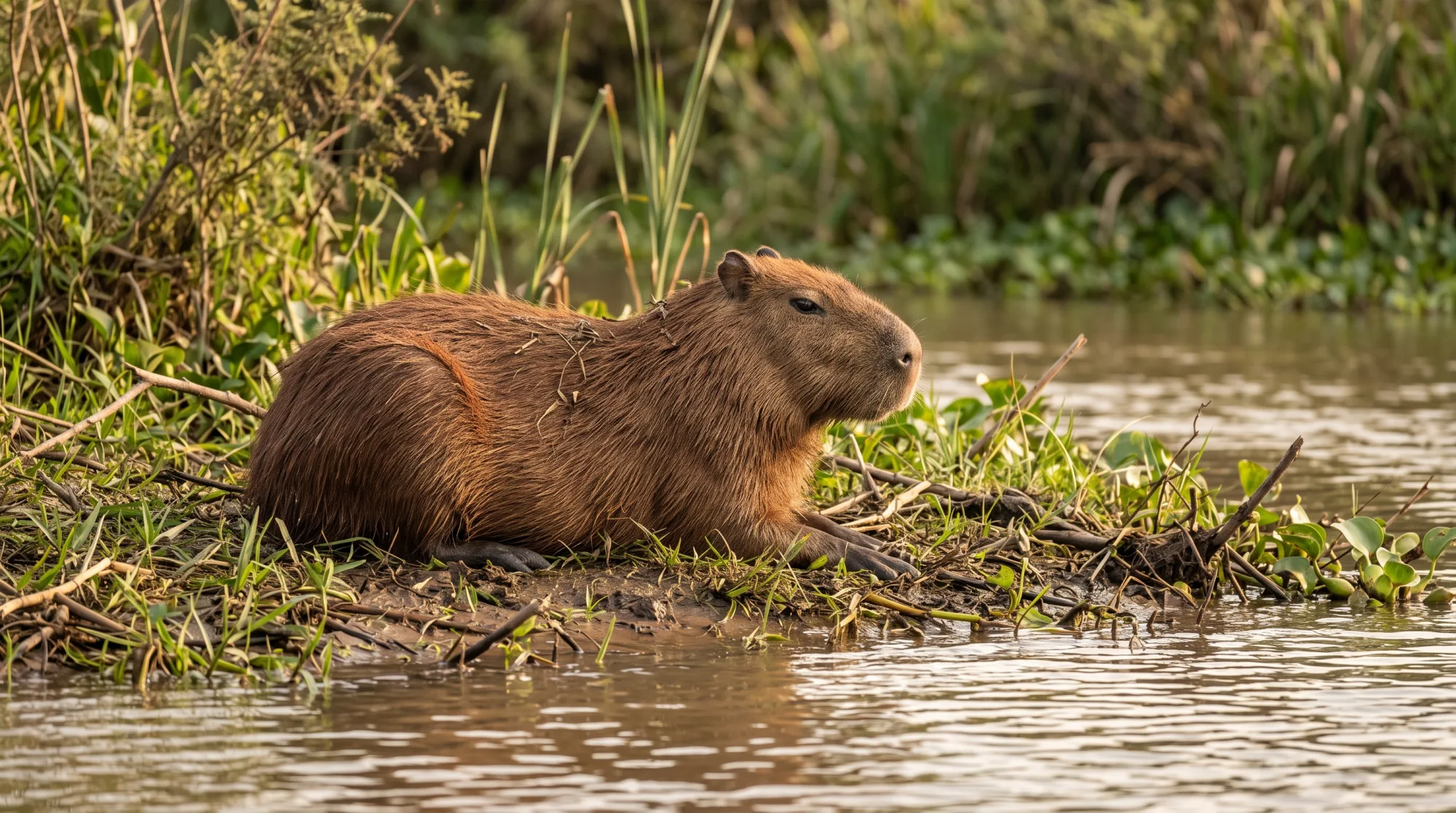 Capybara resting on a muddy riverbank among green reeds and grass, with calm water in the foreground.