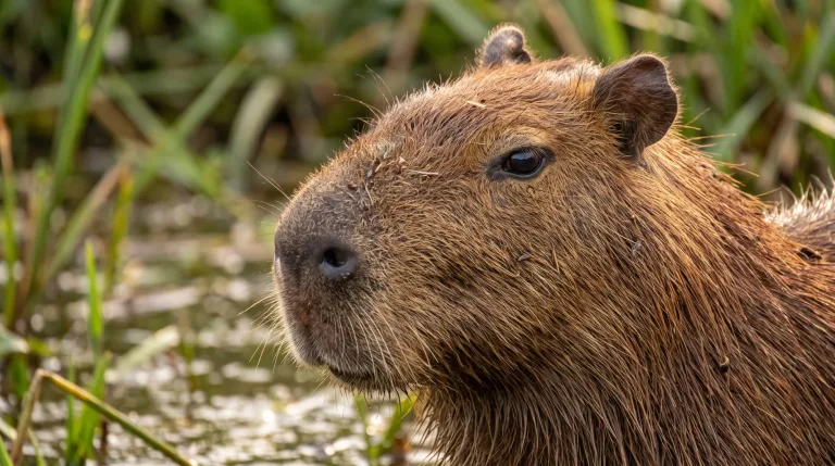 Capybara with brown fur and a calm face sitting among green grass