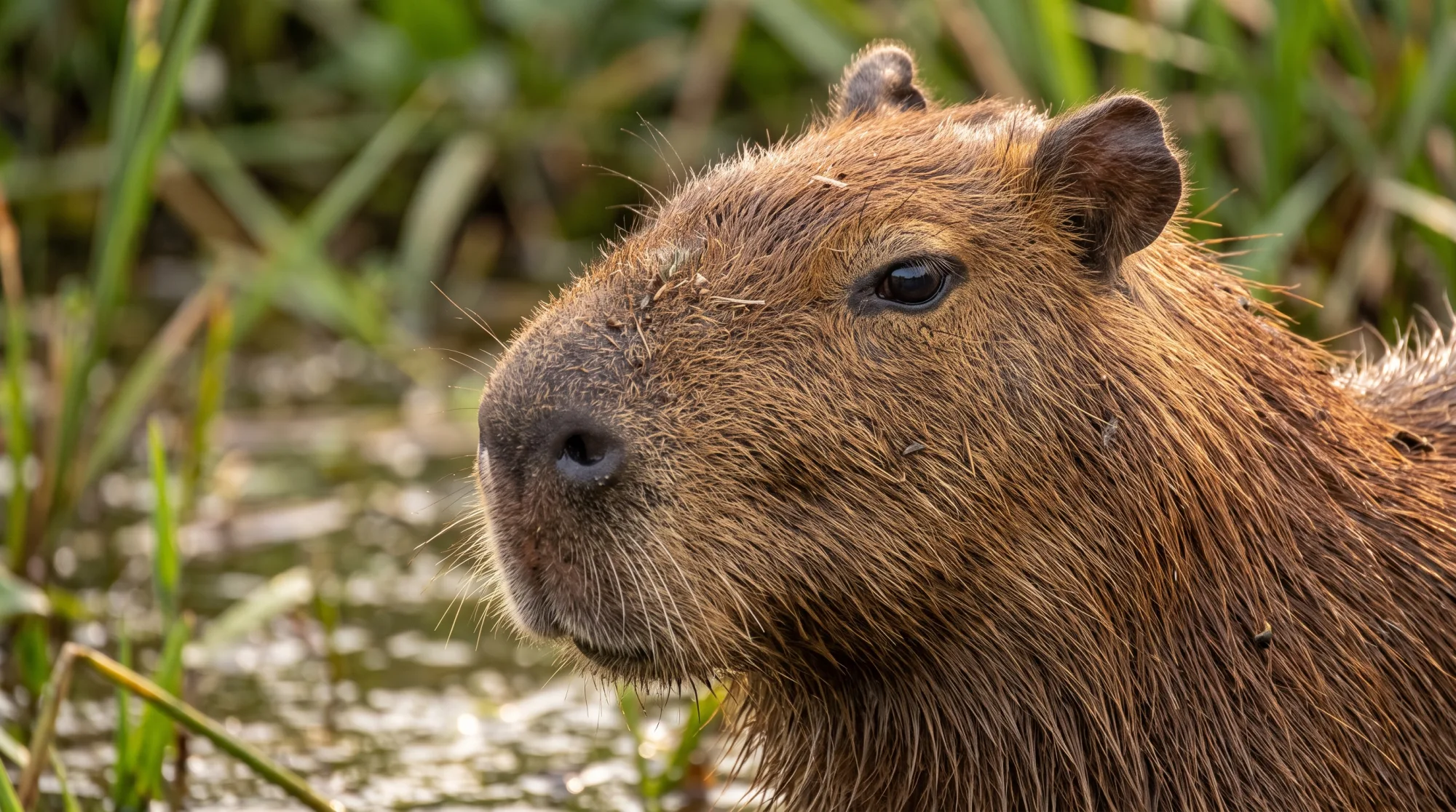 Capybara with brown fur and a calm face sitting among green grass