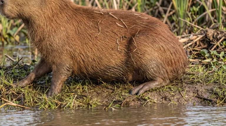 Capybara with wet reddish-brown fur stepping out of muddy water onto grassy riverbank with reeds behind