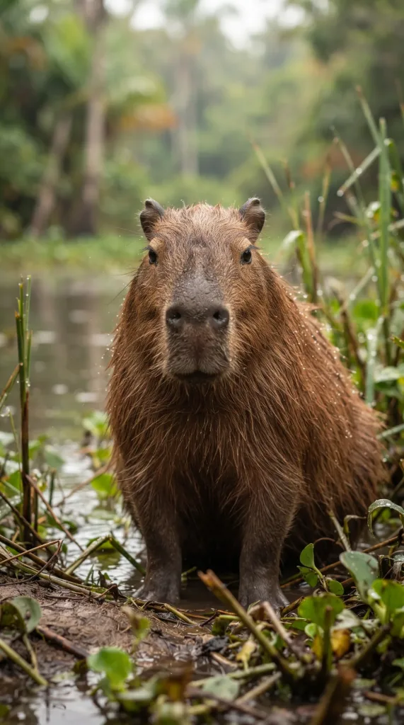 Capybara with brown fur sitting calmly on a muddy riverbank