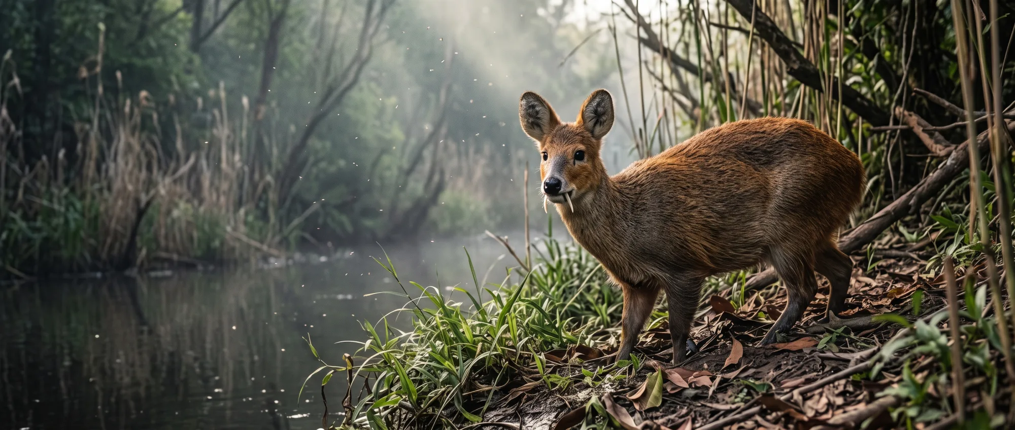 Cervo-vampiro de pé à beira de um brejo enevoado, na borda da floresta