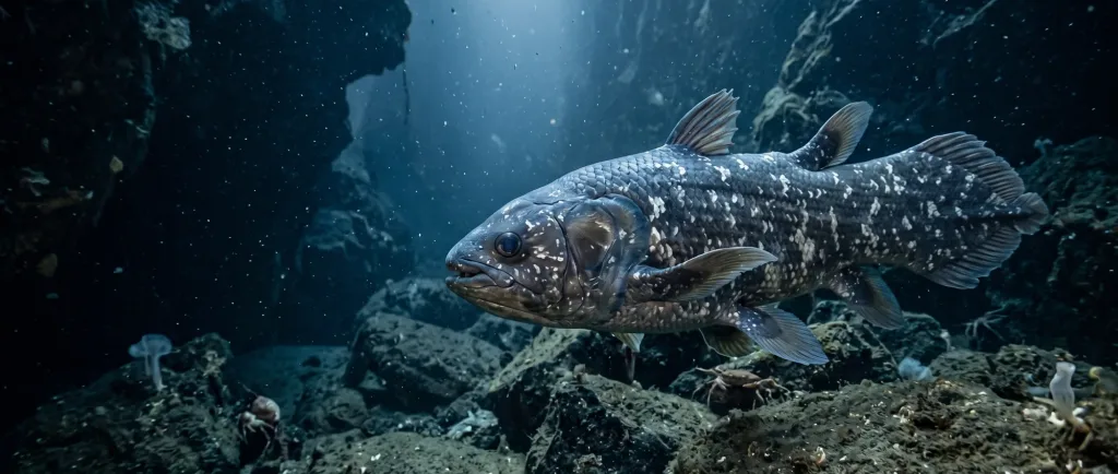 Spotted coelacanth swimming over rocks in a dark underwater cave