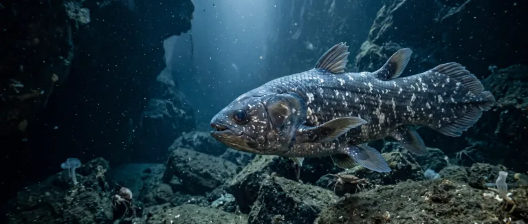 Spotted coelacanth swimming over rocks in a dark underwater cave