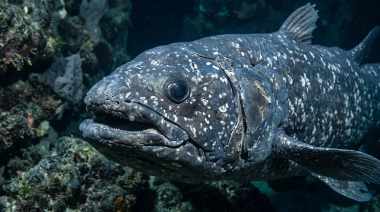 Coelacanth swimming near a rocky reef, showing its blue-grey speckled scales, large eye and fleshy lobed fins.