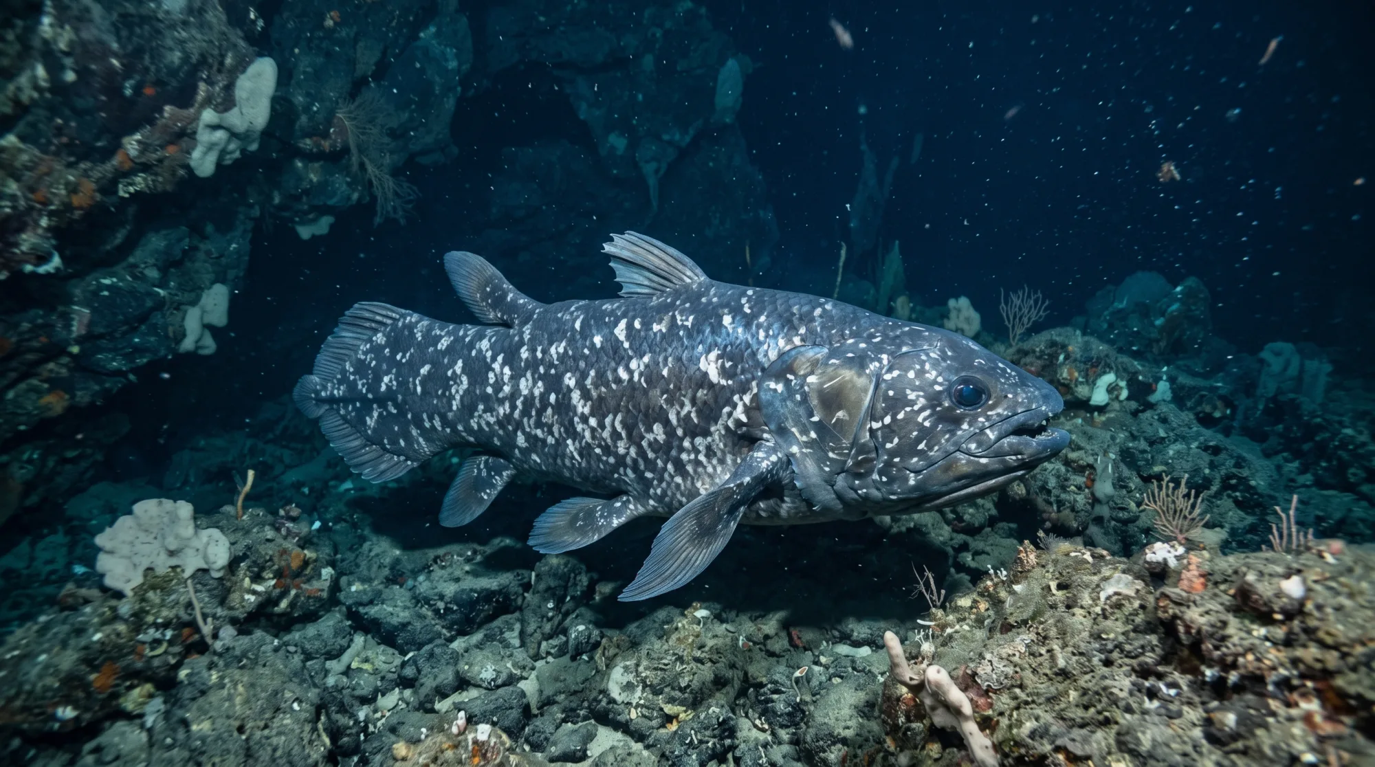 Coelacanth swimming over a rocky deep-sea reef, its blue-grey scaly body covered in pale speckles and fins spread wide