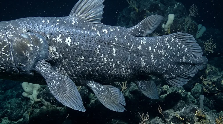 Coelacanth swimming over a deep-sea rocky seafloor, showing its blue-grey scales, white-spotted skin, and fleshy lobed fins.