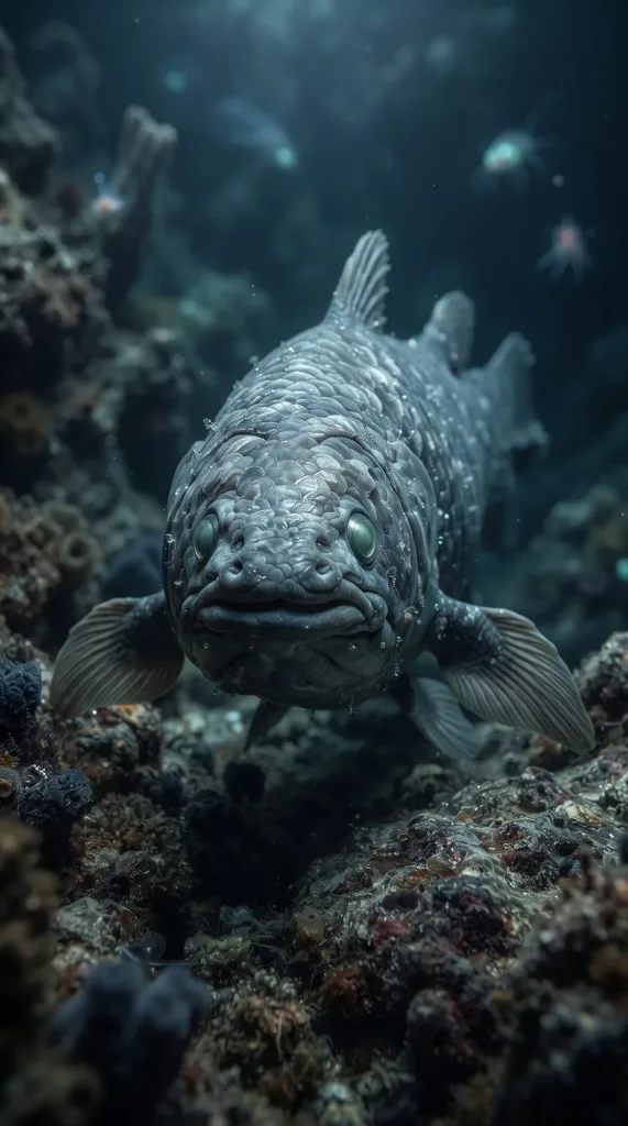 Grey coelacanth with thick lobed fins swimming over a rocky reef