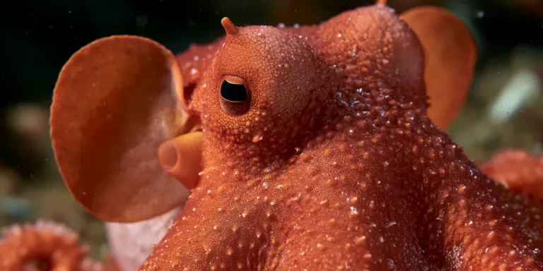 Close do olho grande e das nadadeiras em forma de orelha de um polvo-dumbo