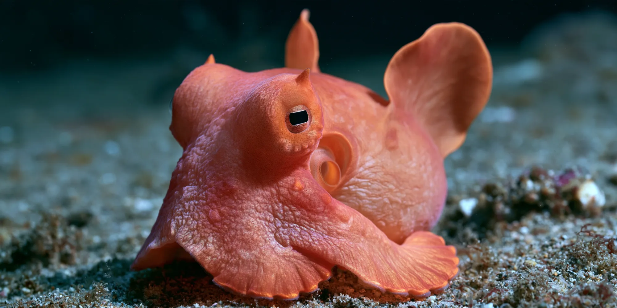 Polvo-dumbo laranja com nadadeiras em forma de orelha pousado no fundo do mar