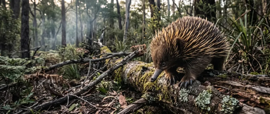 Spiky echidna walking over fallen logs on the forest floor