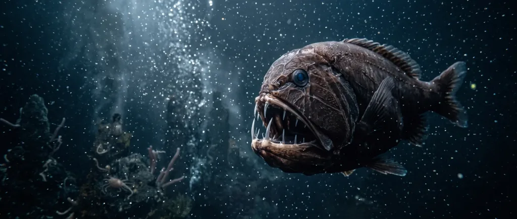 Fangtooth fish with huge teeth swimming in dark blue water