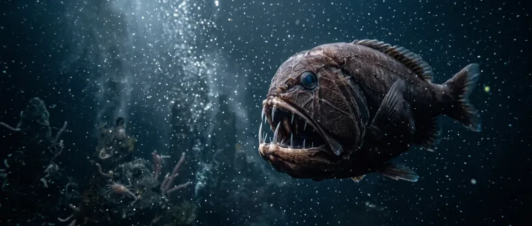 Fangtooth fish with huge teeth swimming in dark blue water