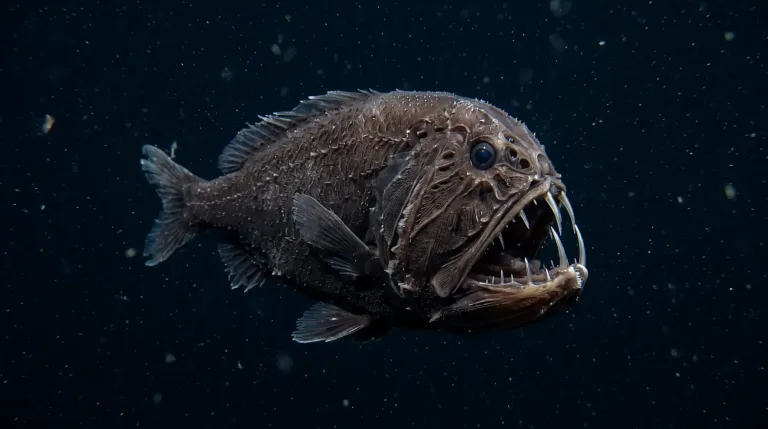 Fangtooth fish swimming in dark deep-sea water, showing its large eye, open mouth and long needle-like fangs