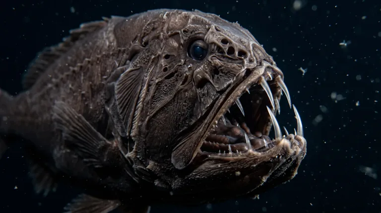 Fangtooth fish with a dark, textured body, large translucent eye, and long needle-like fangs jutting from its open mouth in dark water