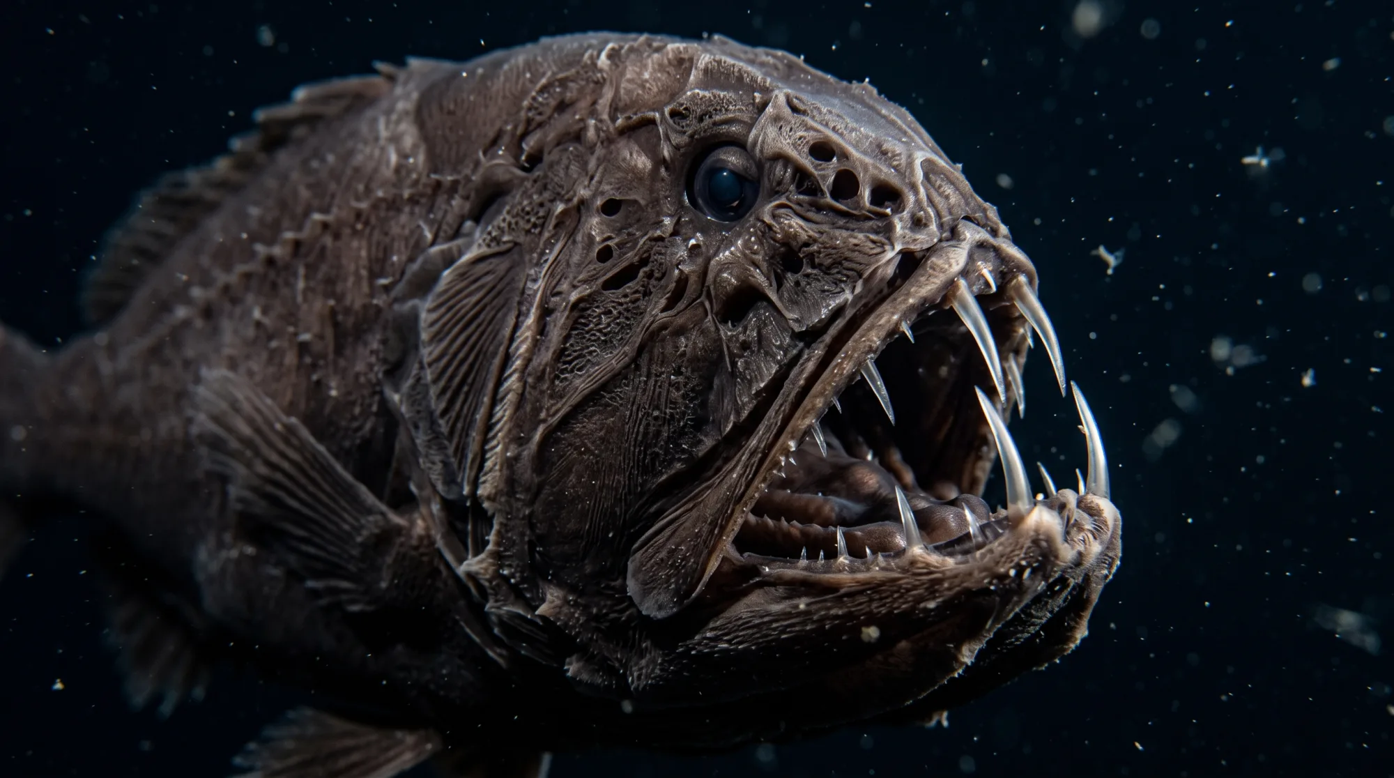 Fangtooth fish with a dark, textured body, large translucent eye, and long needle-like fangs jutting from its open mouth in dark water