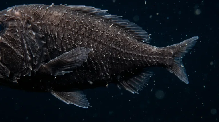 Black fangtooth fish with rough scales in the dark deep sea