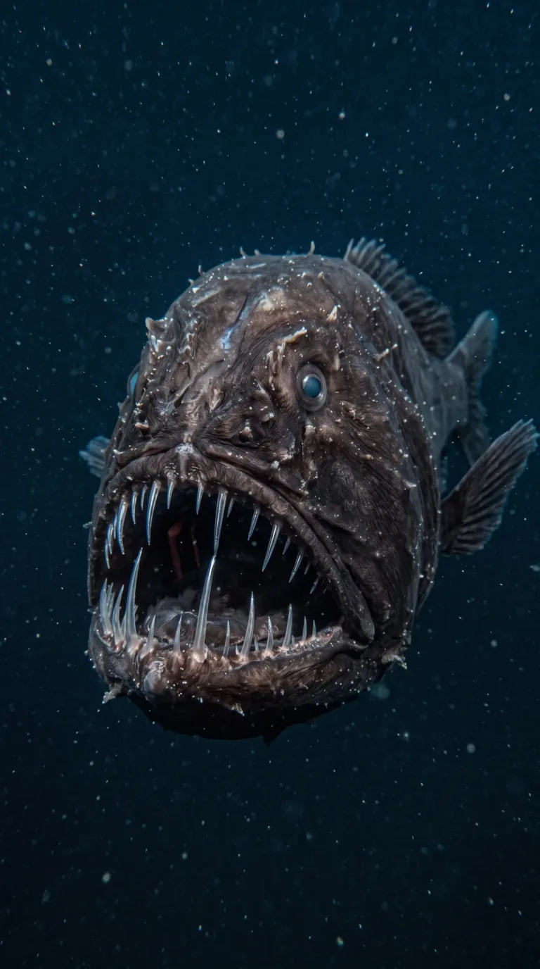 Pez ogro oscuro con enormes dientes como agujas mirando a la cámara