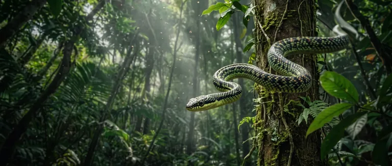 Cobra-voadora se enrolando num cipó numa floresta tropical ensolarada