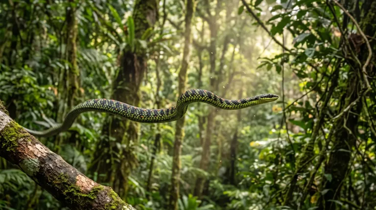 Cobra-voadora planando numa floresta tropical verde e densa, com o corpo preto e verde-amarelado esticado entre os troncos