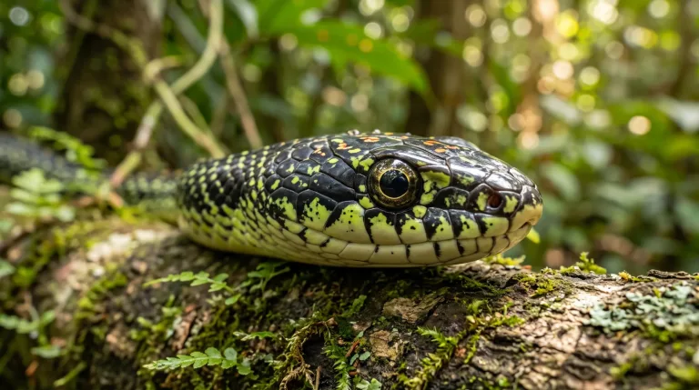 Cobra-voadora com escamas pretas e verde-amareladas sobre um tronco com musgo numa floresta verde, com a cabeça erguida para a câmera