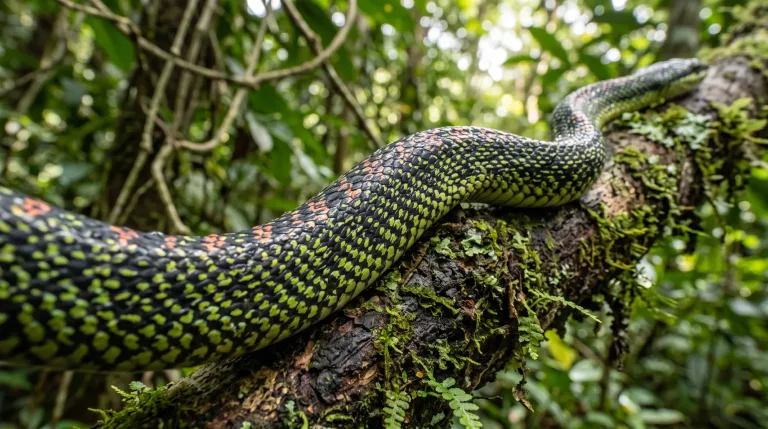 Cobra-voadora com padrão verde e preto esticada num galho