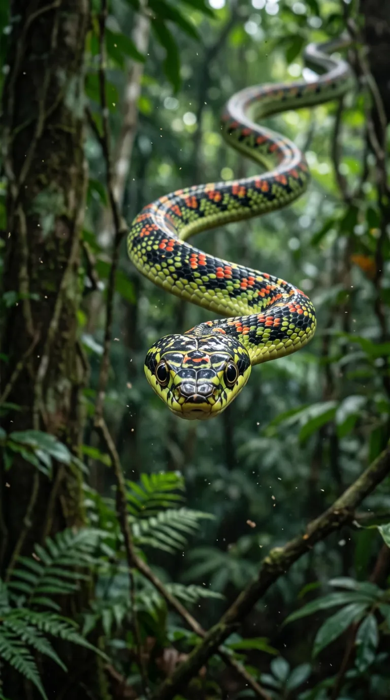 Serpiente voladora con dibujos verdes, rojos y negros enroscada entre las hojas de la selva