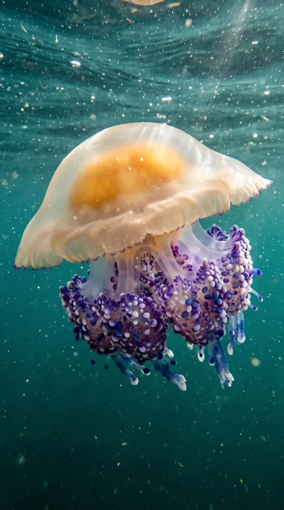 Água-viva-ovo-frito com centro amarelo e tentáculos roxos em água transparente