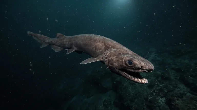 Frilled shark swimming in dark ocean water, showing its eel-like body, frilled gill slits and open mouth full of needle-like teeth.