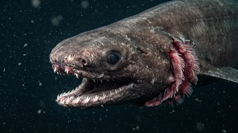 Frilled shark swimming in dark water, showing its eel-like head, large eye, and rows of needle-like teeth in an open mouth