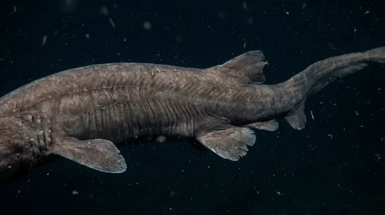 Frilled shark swimming in dark deep water, showing its long eel-like body, frilled gill slits and rounded fins
