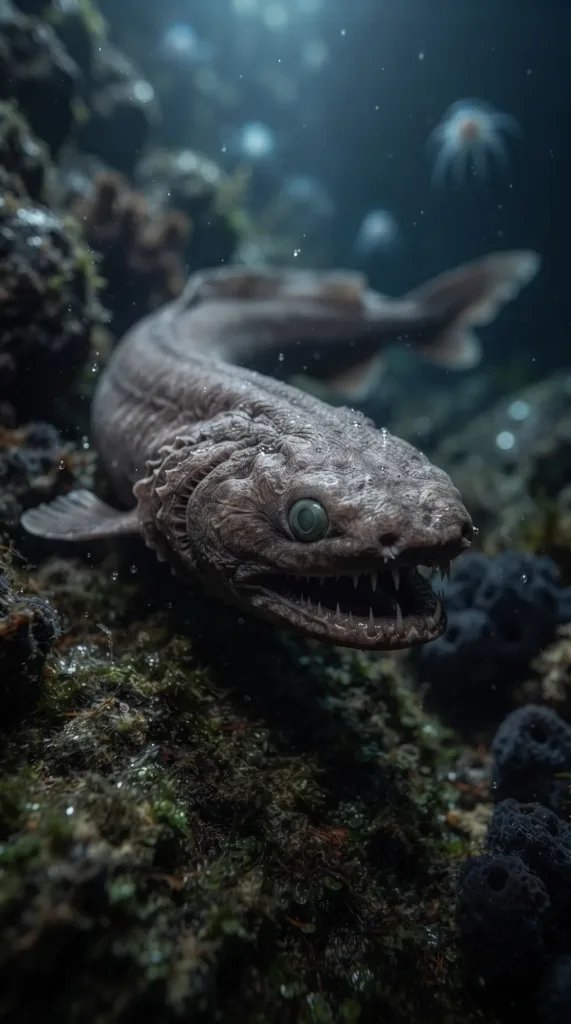 Brown frilled shark with an eel-like body and rows of tiny teeth on the seafloor