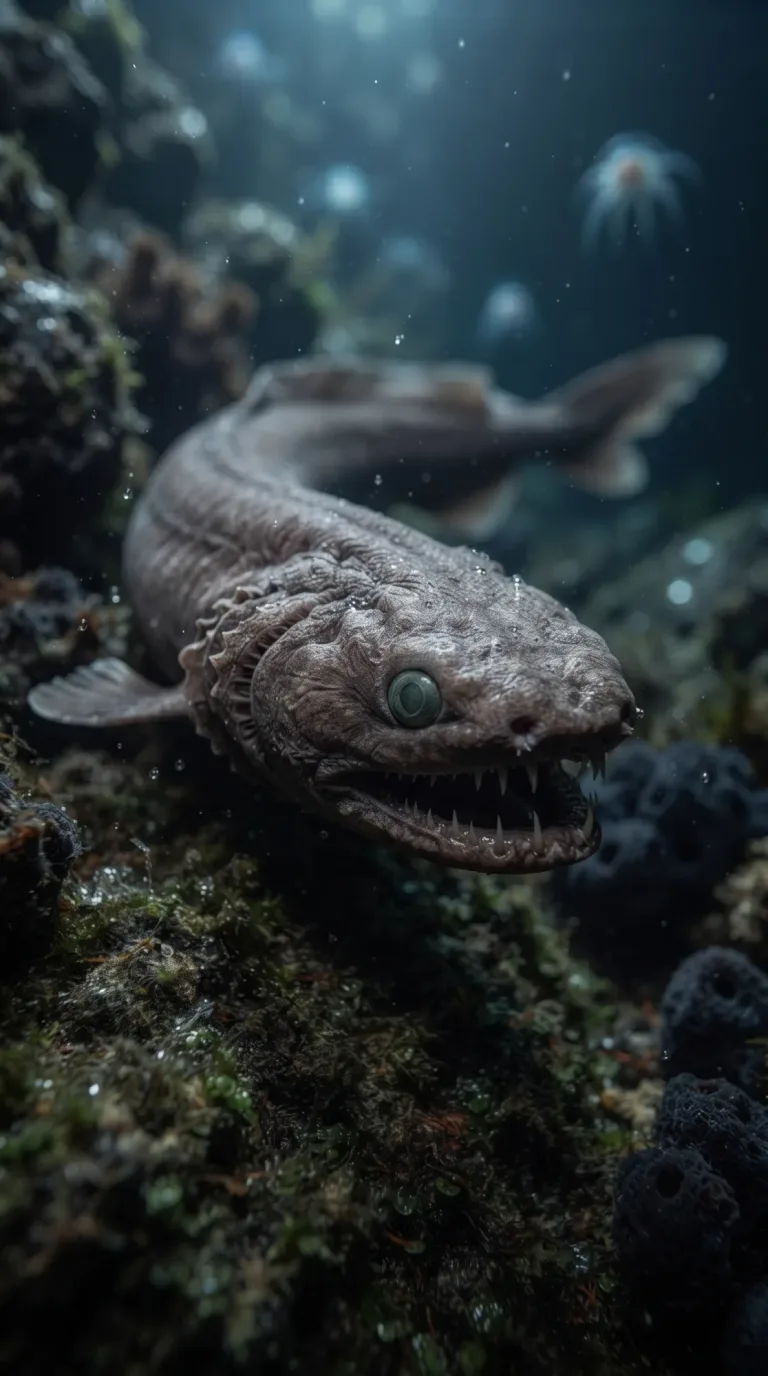 Brown frilled shark with an eel-like body and rows of tiny teeth on the seafloor