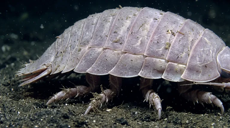 Isópodo gigante rosa pálido arrastrándose sobre el sedimento oscuro del fondo, con el lomo segmentado y acorazado y las patas con garras.