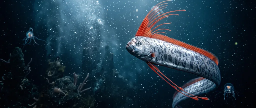 Silver giant oarfish with a red crest swimming in deep blue water