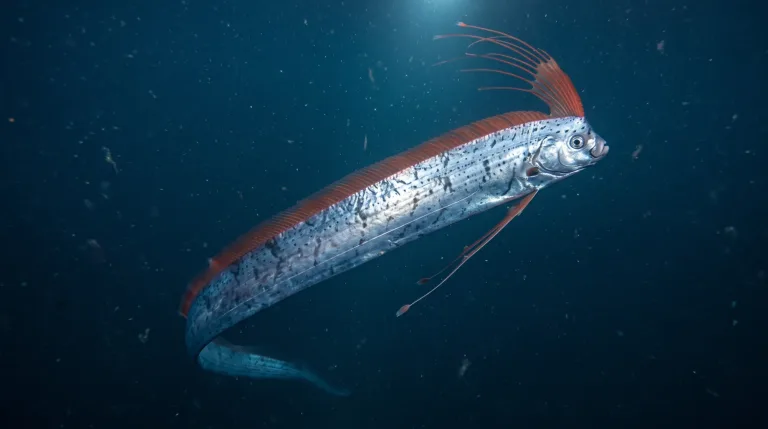 Pez remo nadando en agua azul profunda, con el cuerpo plateado con manchas oscuras, la cresta dorsal roja y la forma larga y delgada
