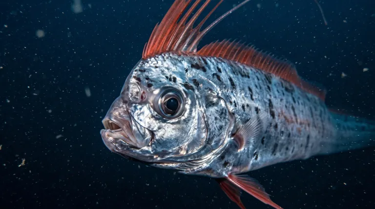 Pez remo nadando en agua azul profunda, con el cuerpo plateado moteado de oscuro y los radios rojos de la aleta dorsal